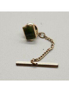 Gold-Tone Tie Tack With Green Rectangular Stone & Chain Accent